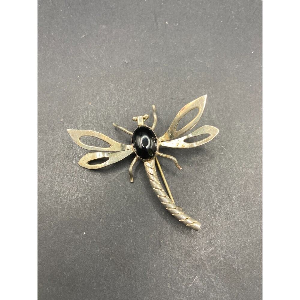 Vintage Taxco Mexico Sterling Silver 925 Black Onyx Dragon Fly Pin Brooch - Picture 3 of 11